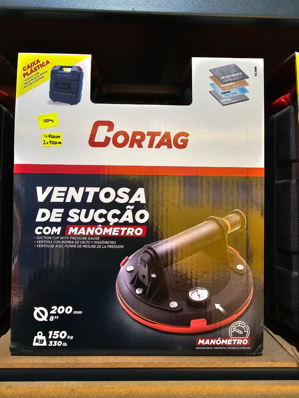 VENTOSA DE SUCCION AL VACIO CORTAG NEGRO CON MANOMETRO 150KG